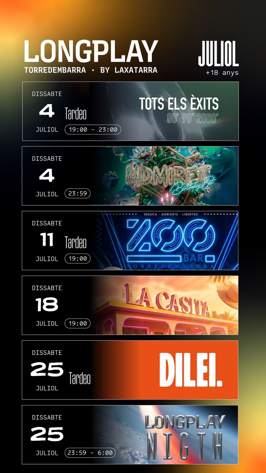 Calendari de juliol de LongPlay Torredembarra: tardeos i sessions cada dissabte